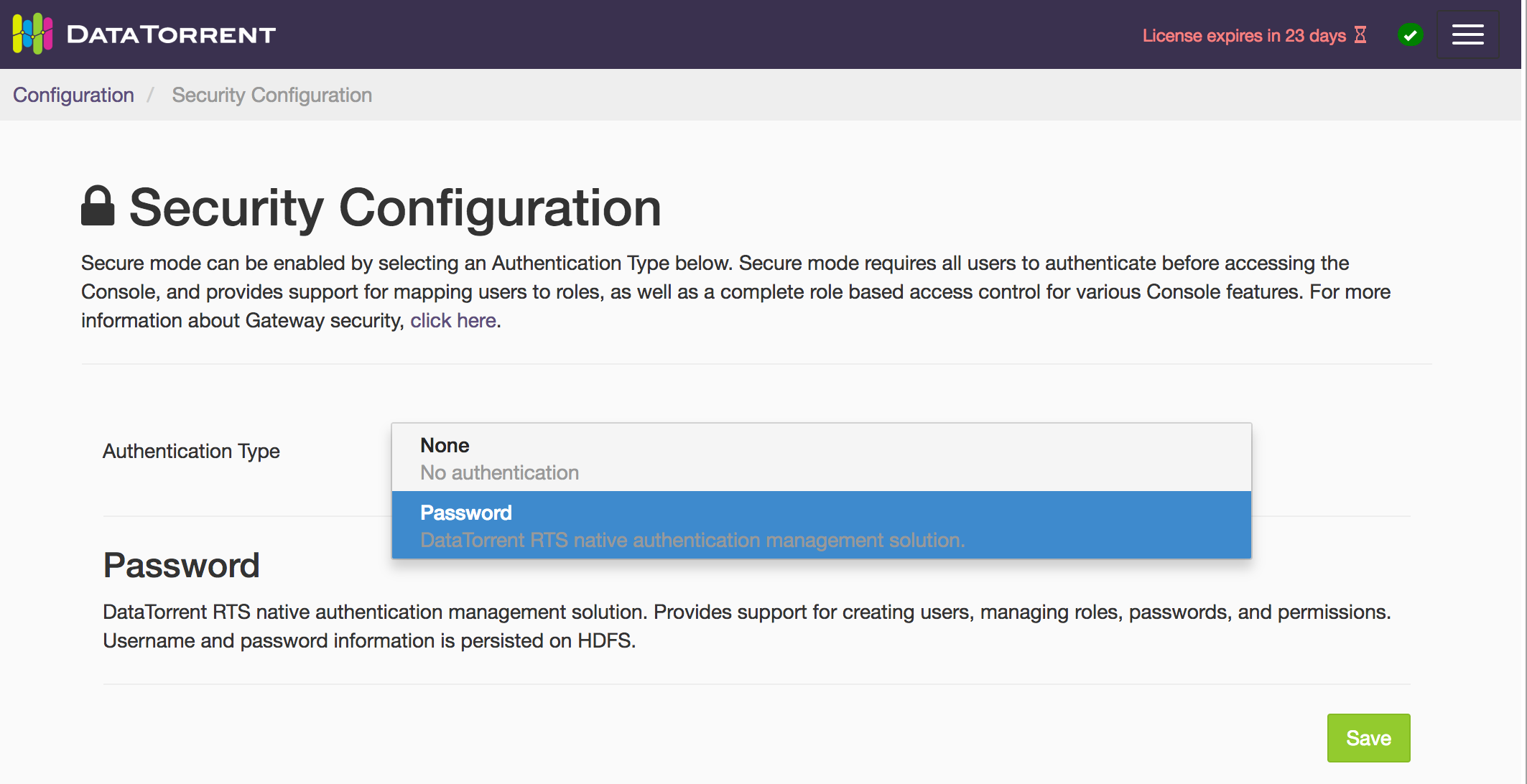 Security Configuration Page